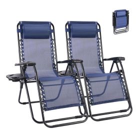 Set of 2 Zero Cravity Lounge Chairs,Outdoor Patio Folding Recliners for Pool Beach with Pillow and Cup Holder (Color: Blue)